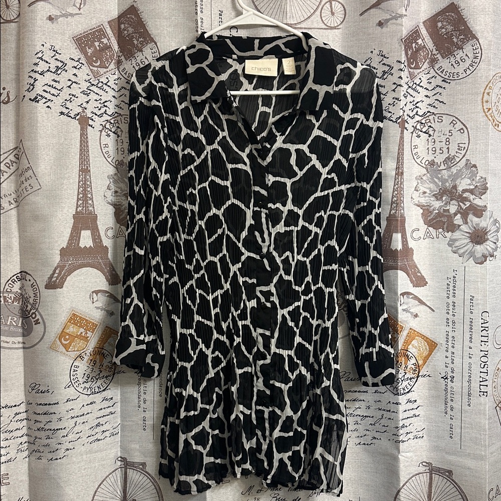 Chico's Black and White Button Down Tunic Blouse